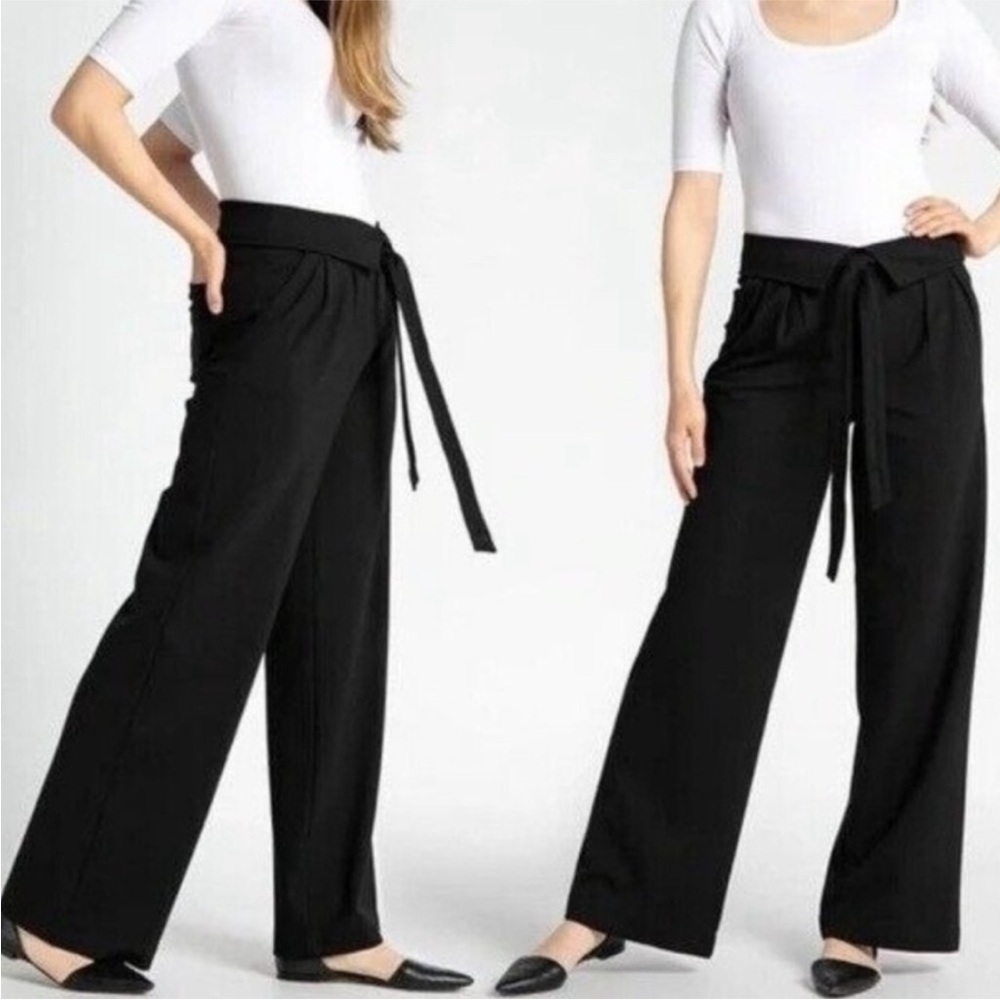 Betabrand Pleated Fold Over Sash Waist Wide Leg Pants Black Size Small Long